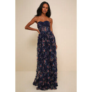 Lulus Stunning Element Navy Floral Mesh Ruffled Strapless Maxi Dress Blue